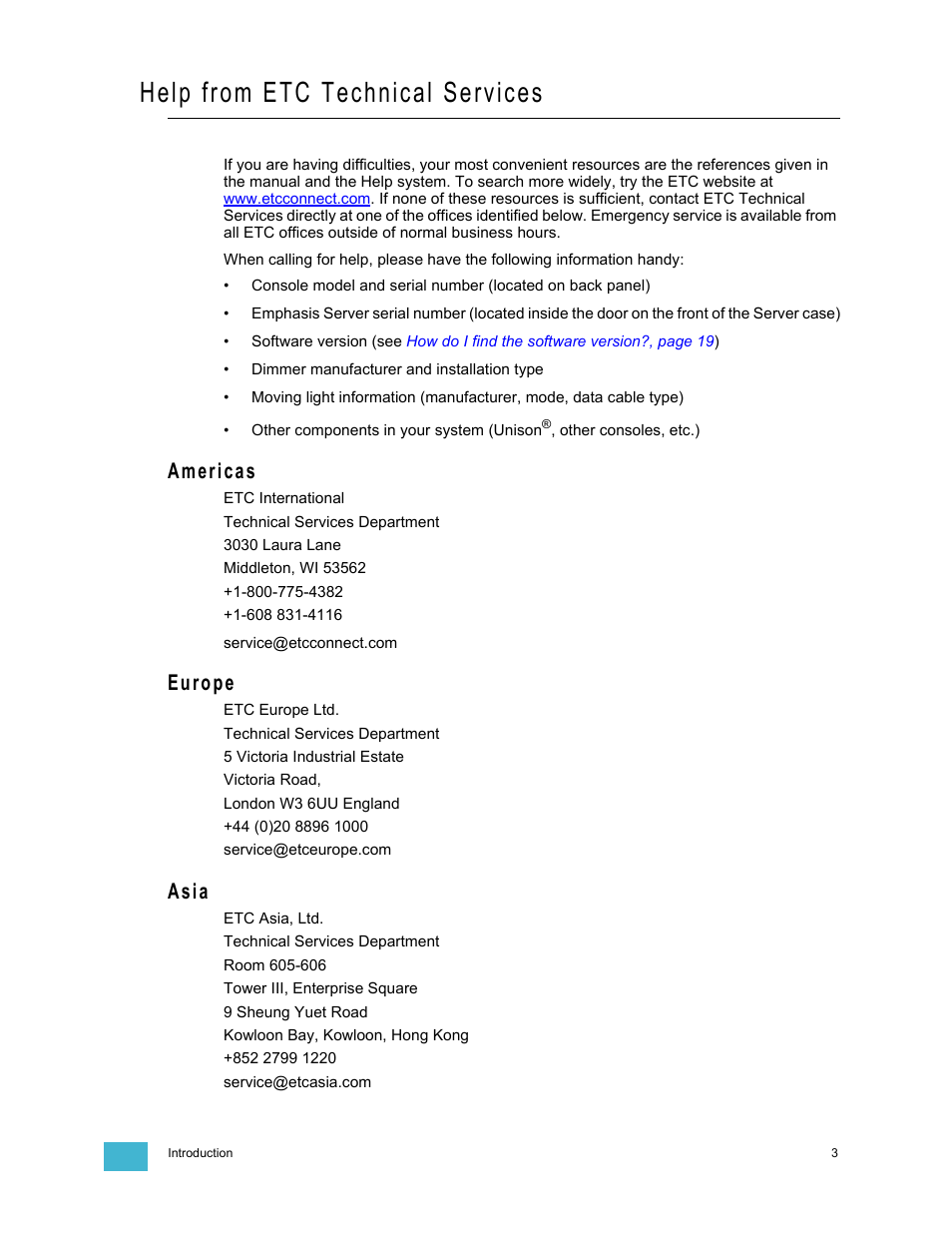 Help from etc technical services, Americas, Europe | Asia, Americas europe asia | Dell Emphasis Lighting Control System User Manual | Page 7 / 68