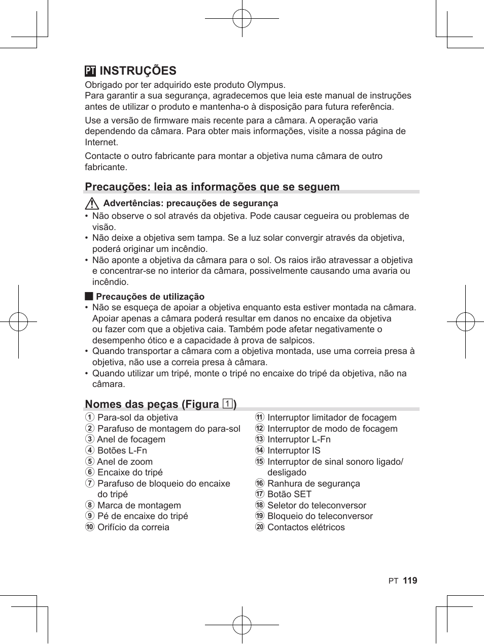 Instruções, Precauções: leia as informações que se seguem, Nomes das peças (figura 1 ) | OM SYSTEM M. Zuiko 150-400mm f/4.5 TC 1.25 IS PRO Lens User Manual | Page 117 / 202