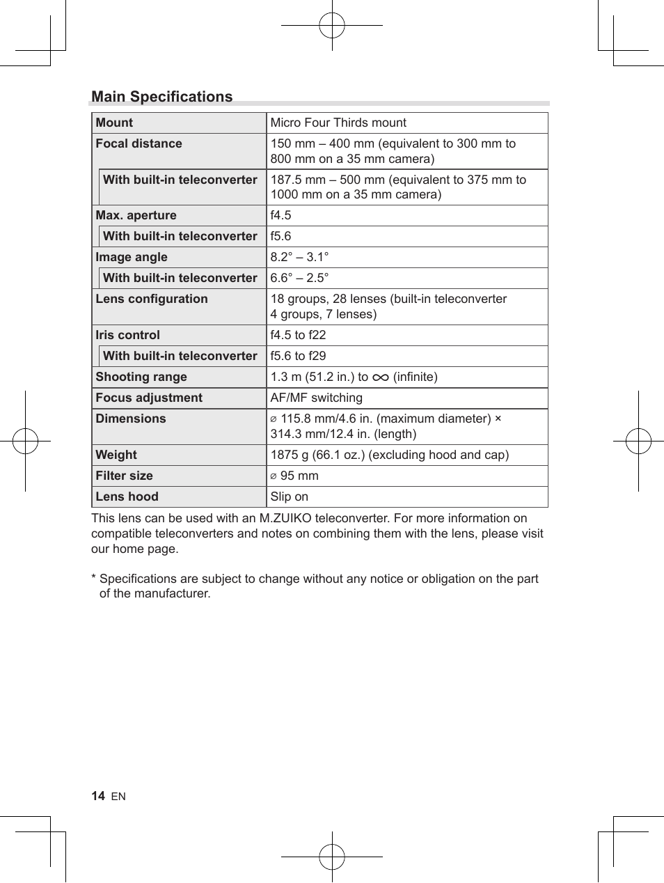 Main specifications | OM SYSTEM M. Zuiko 150-400mm f/4.5 TC 1.25 IS PRO Lens User Manual | Page 12 / 202