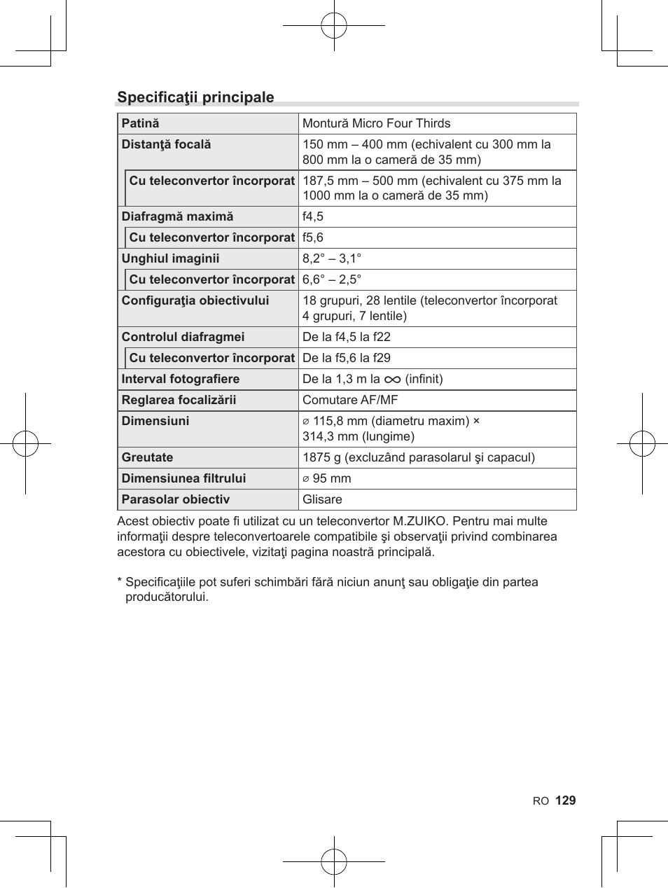 Specificaţii principale | OM SYSTEM M. Zuiko 150-400mm f/4.5 TC 1.25 IS PRO Lens User Manual | Page 127 / 202