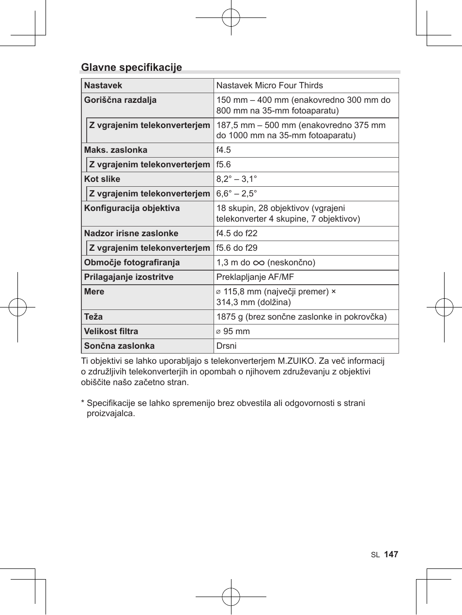 Glavne specifikacije | OM SYSTEM M. Zuiko 150-400mm f/4.5 TC 1.25 IS PRO Lens User Manual | Page 145 / 202