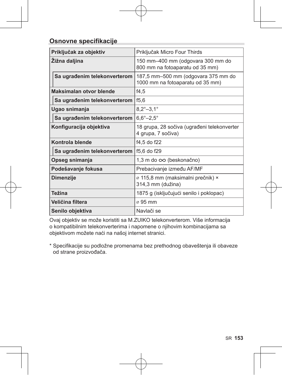 Osnovne specifikacije | OM SYSTEM M. Zuiko 150-400mm f/4.5 TC 1.25 IS PRO Lens User Manual | Page 151 / 202