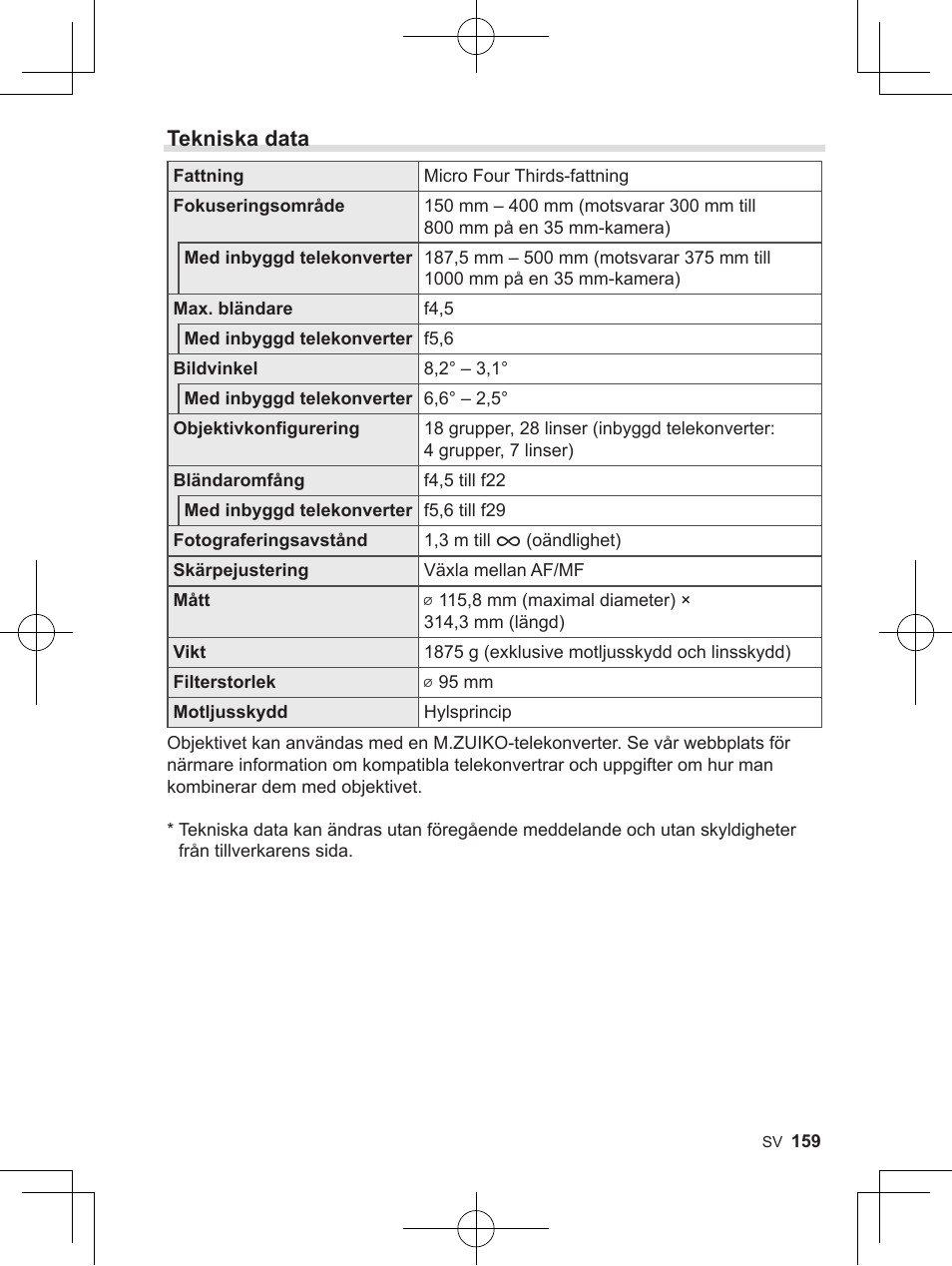 Tekniska data | OM SYSTEM M. Zuiko 150-400mm f/4.5 TC 1.25 IS PRO Lens User Manual | Page 157 / 202