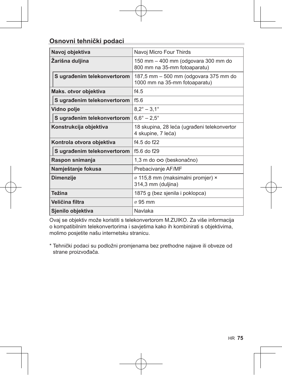 Osnovni tehnički podaci | OM SYSTEM M. Zuiko 150-400mm f/4.5 TC 1.25 IS PRO Lens User Manual | Page 73 / 202