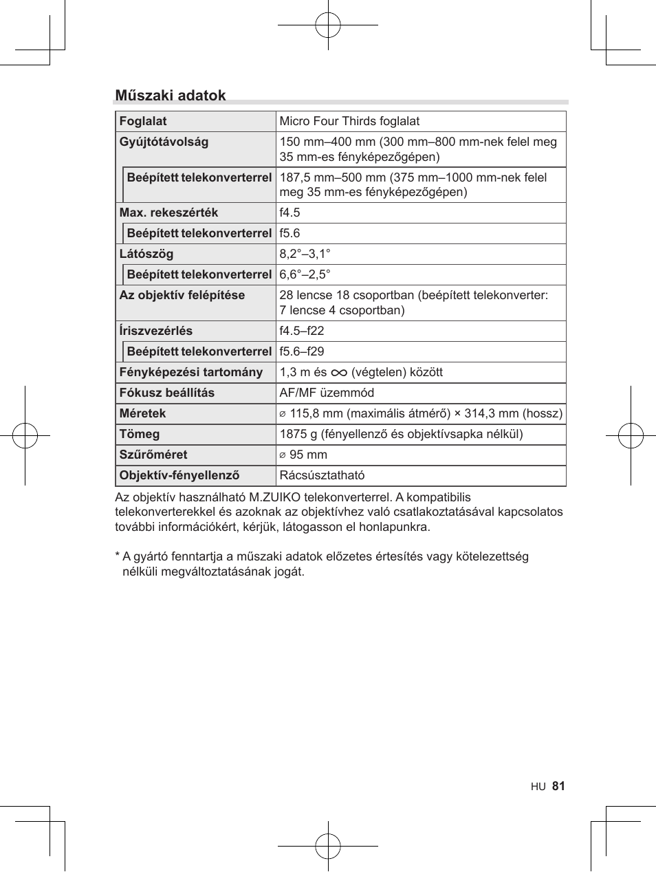 Műszaki adatok | OM SYSTEM M. Zuiko 150-400mm f/4.5 TC 1.25 IS PRO Lens User Manual | Page 79 / 202
