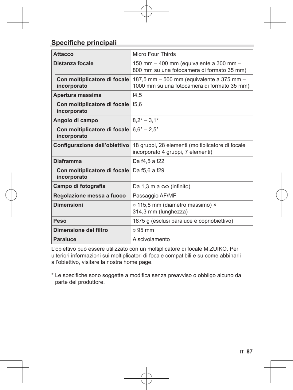 Specifiche principali | OM SYSTEM M. Zuiko 150-400mm f/4.5 TC 1.25 IS PRO Lens User Manual | Page 85 / 202