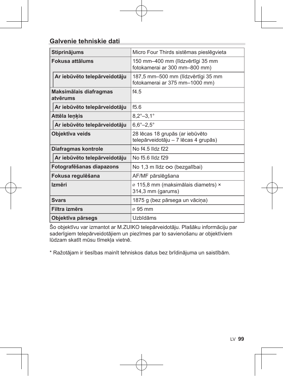 Galvenie tehniskie dati | OM SYSTEM M. Zuiko 150-400mm f/4.5 TC 1.25 IS PRO Lens User Manual | Page 97 / 202