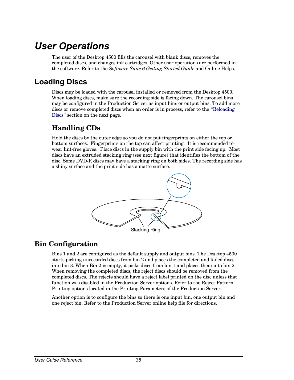 User operations, Loading discs, Handling cds | Bin configuration | Dell CDPR3 User Manual | Page 36 / 57