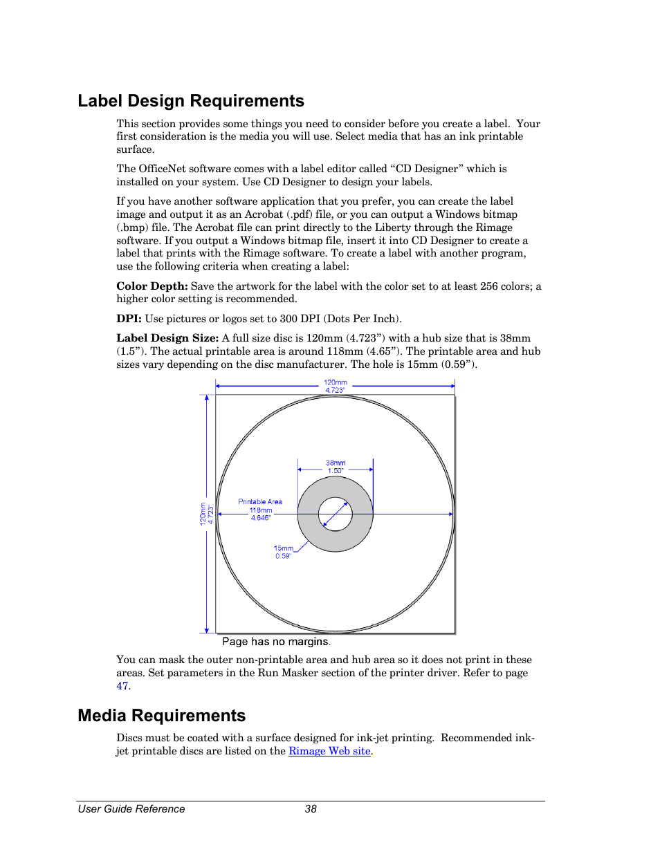 Label design requirements, Media requirements | Dell CDPR3 User Manual | Page 38 / 57