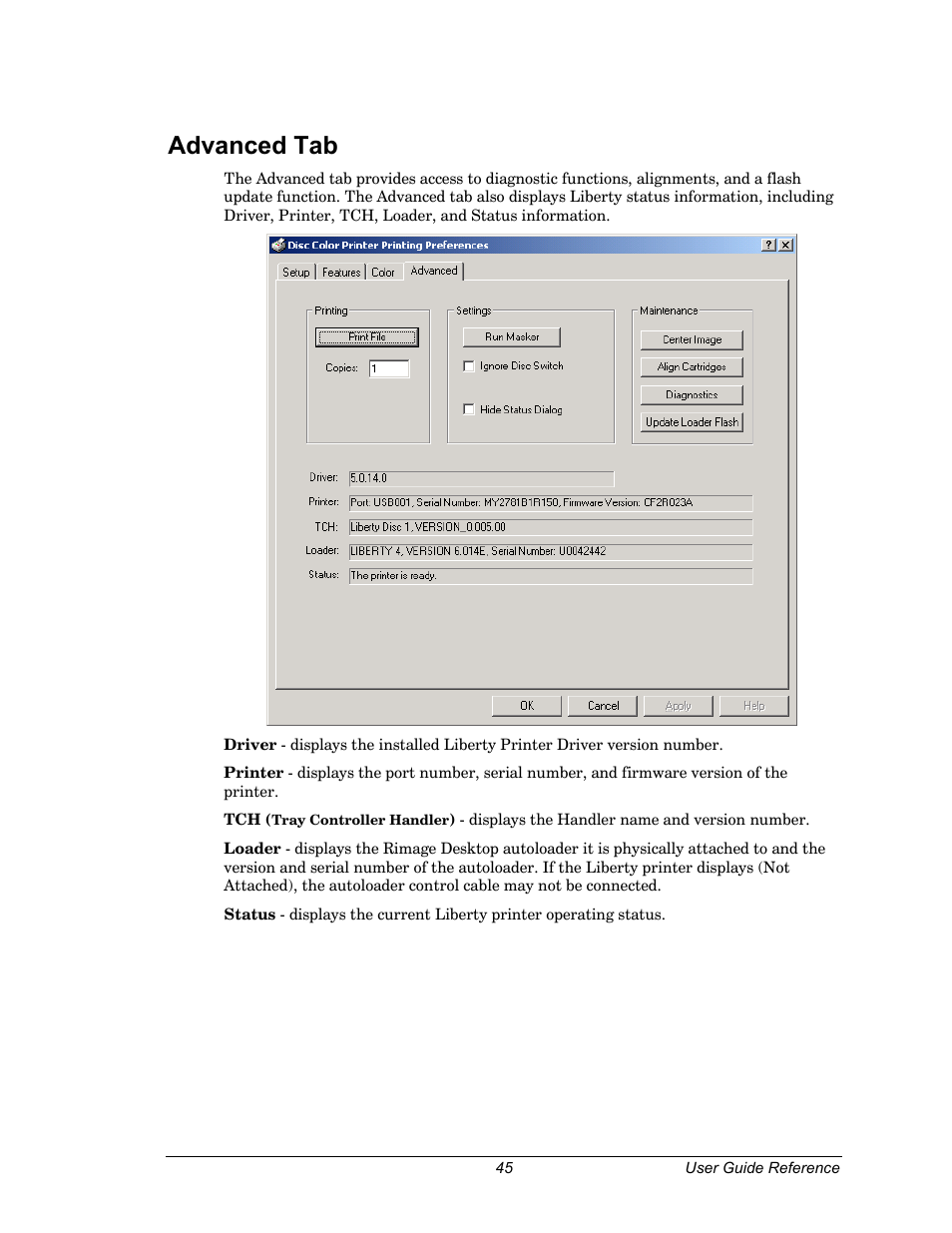 Advanced tab, Section on | Dell CDPR3 User Manual | Page 45 / 57