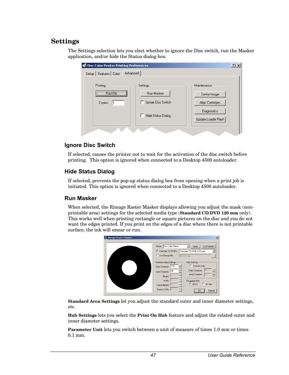 Settings, Ignore disc switch, Hide status dialog | Run masker | Dell CDPR3 User Manual | Page 47 / 57