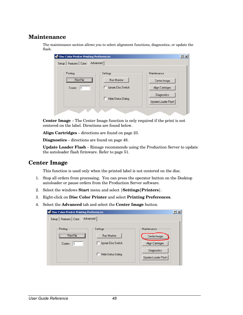 Maintenance, Center image, Changed “align cartridge” to | Dell CDPR3 User Manual | Page 48 / 57