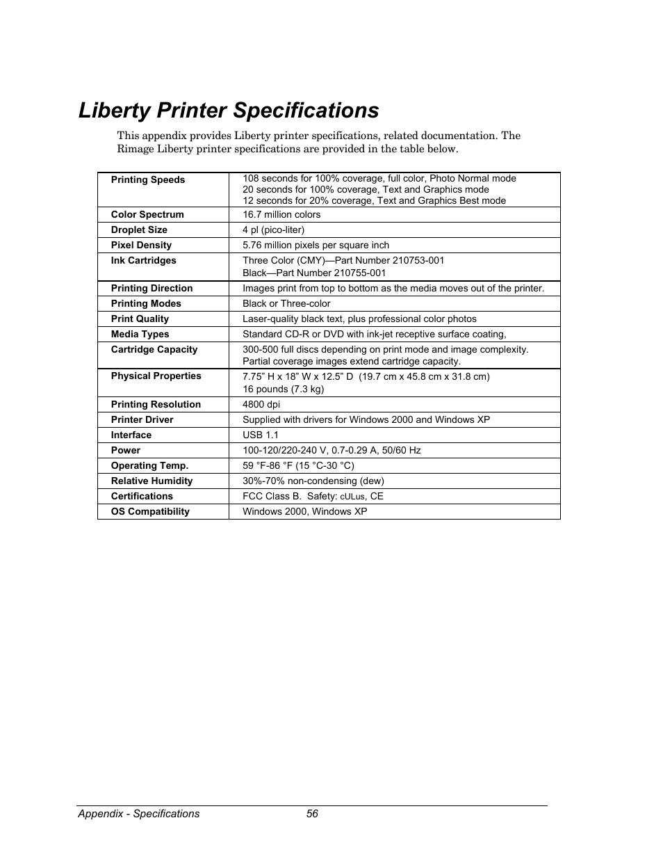 Liberty printer specifications | Dell CDPR3 User Manual | Page 56 / 57