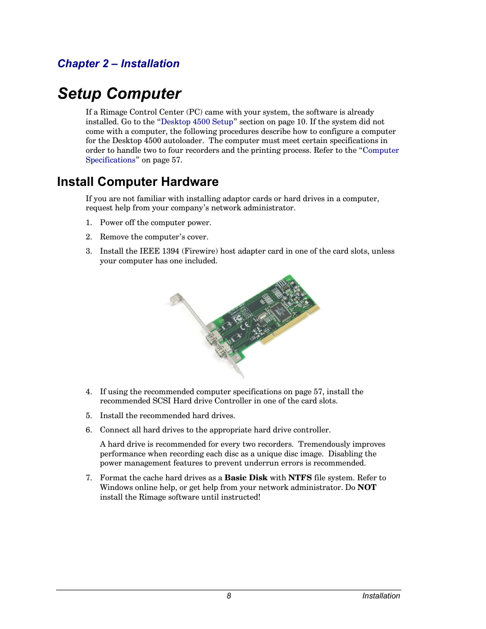 Setup computer, Install computer hardware, Setup | Computer, Chapter 2 – installation | Dell CDPR3 User Manual | Page 8 / 57