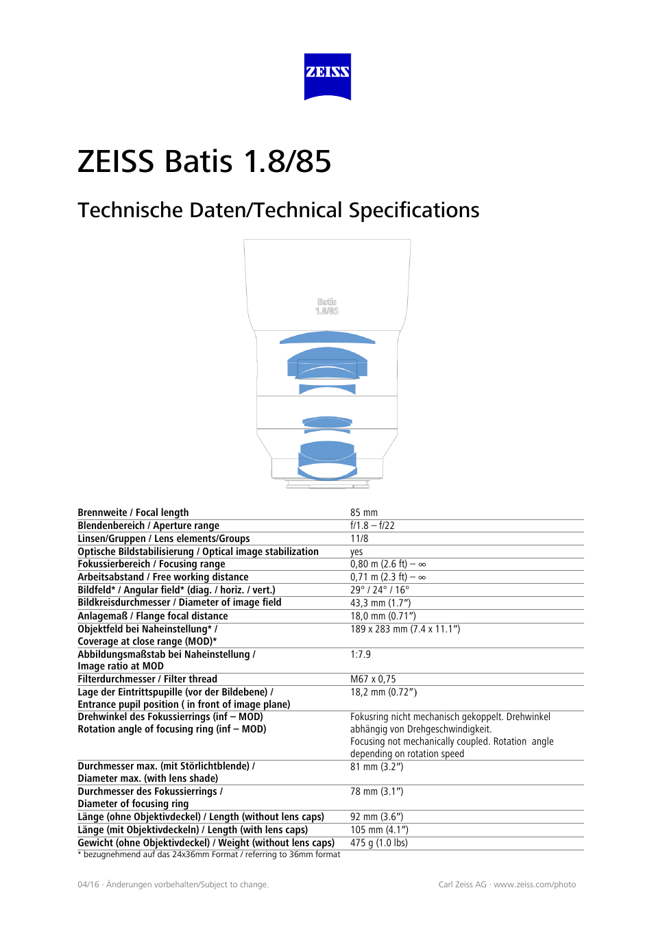 Carl Zeiss Batis 85mm f/1.8 Lens for E User Manual | 4 pages