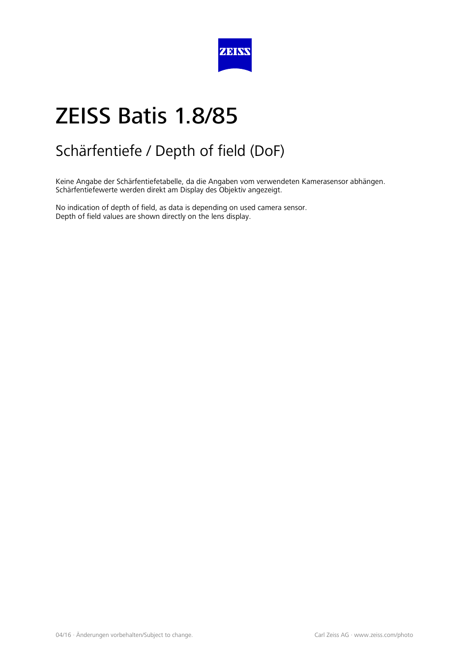 Zeiss batis 1.8/85, Schärfentiefe / depth of field (dof) | Carl Zeiss Batis 85mm f/1.8 Lens for E User Manual | Page 4 / 4
