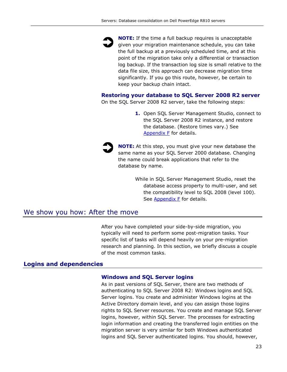 We show you how: after the move, Logins and dependencies | Dell R810 User Manual | Page 23 / 48
