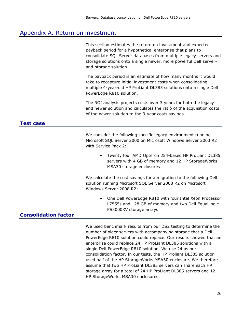 Appendix a. return on investment, Test case, Consolidation factor | Dell R810 User Manual | Page 26 / 48