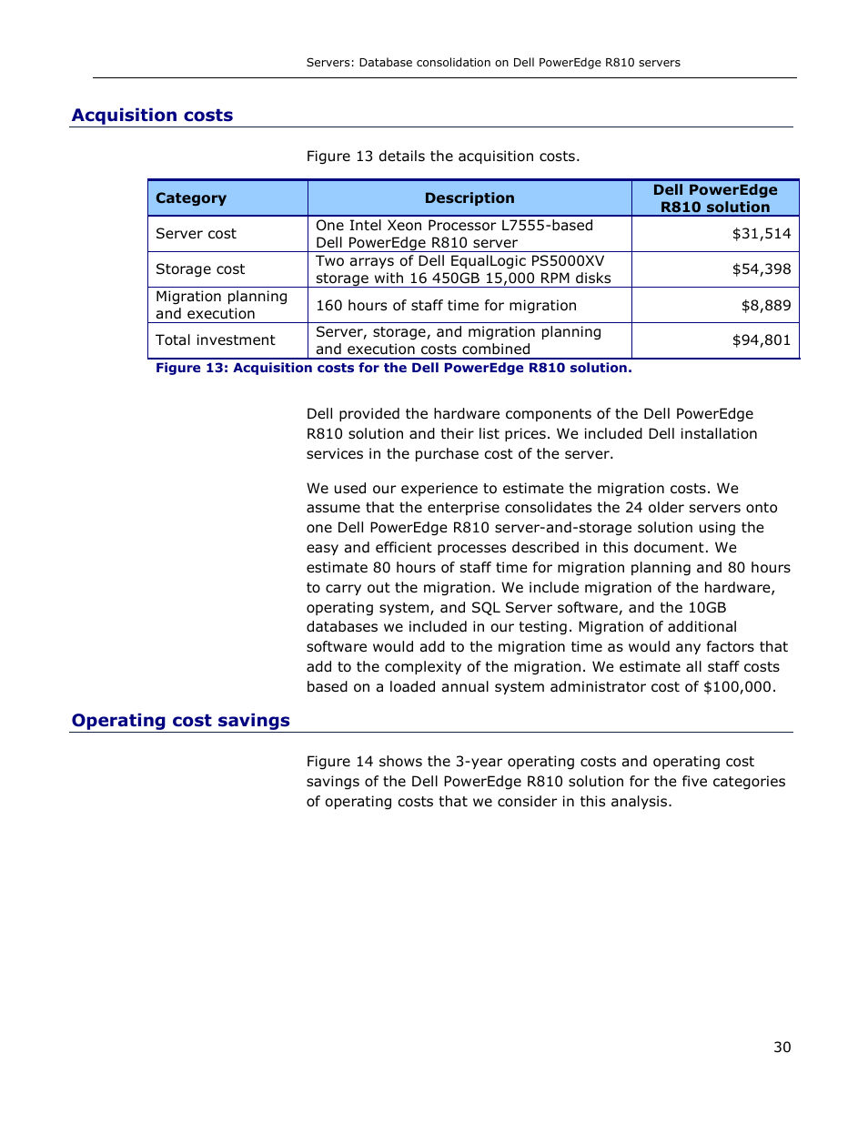 Acquisition costs, Operating cost savings | Dell R810 User Manual | Page 30 / 48