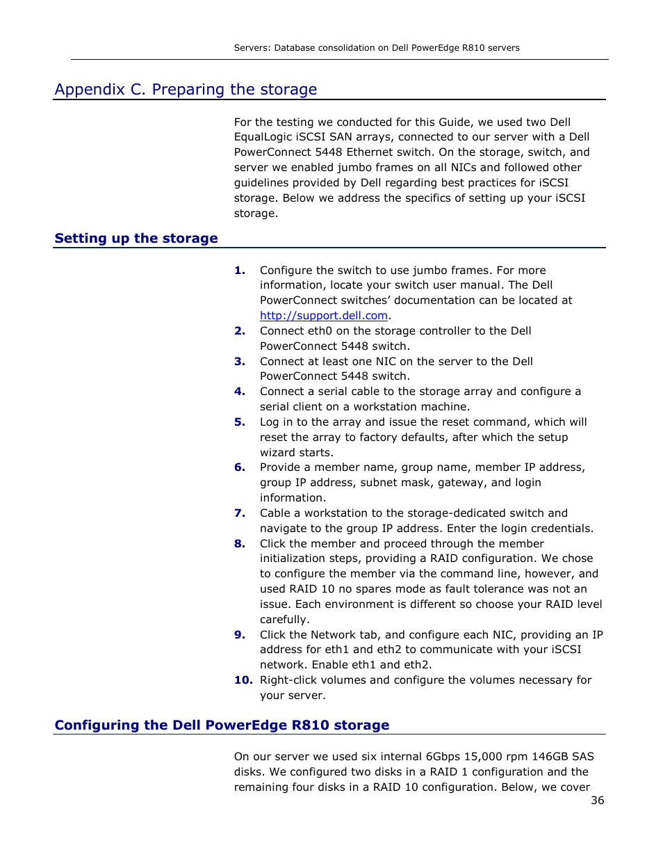 Appendix c. preparing the storage, Setting up the storage, Configuring the dell poweredge r810 storage | Dell R810 User Manual | Page 36 / 48