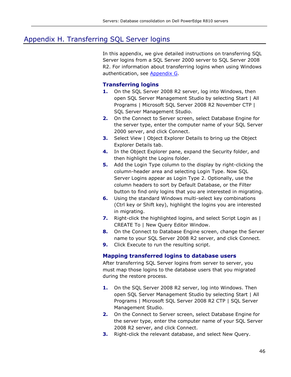 Appendix h. transferring sql server logins, Appendix h | Dell R810 User Manual | Page 46 / 48
