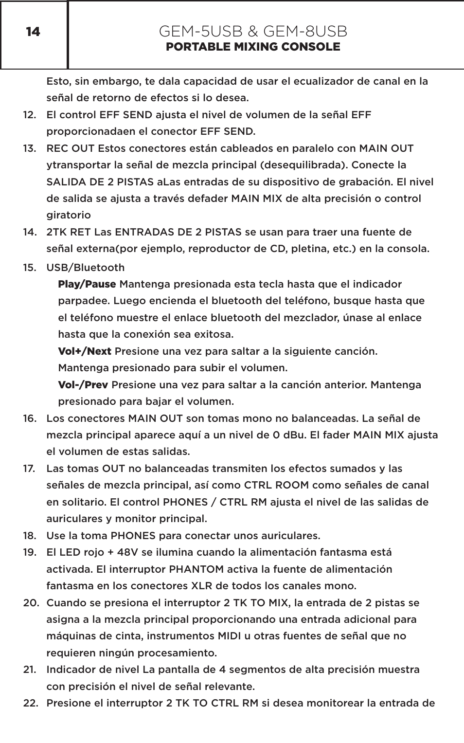 Gem-5usb & gem-8usb | Gemini GEM-8USB Compact 8-Channel Bluetooth Audio Mixer with USB User Manual | Page 14 / 22