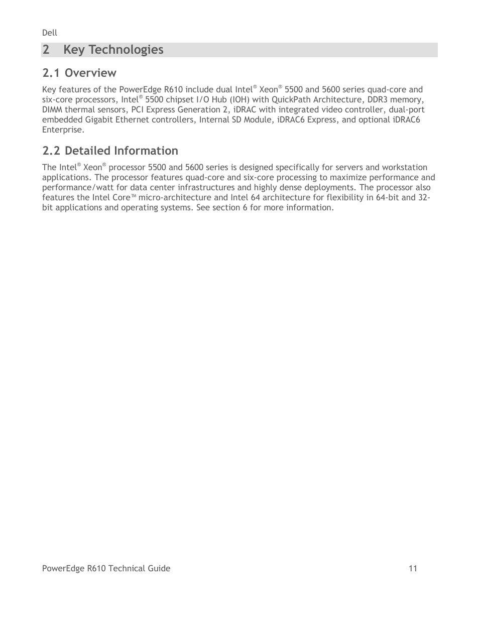 Key technologies, Overview, Detailed information | 2 key technologies, 1 overview, 2 detailed information | Dell POWEREDGE R610 User Manual | Page 11 / 61