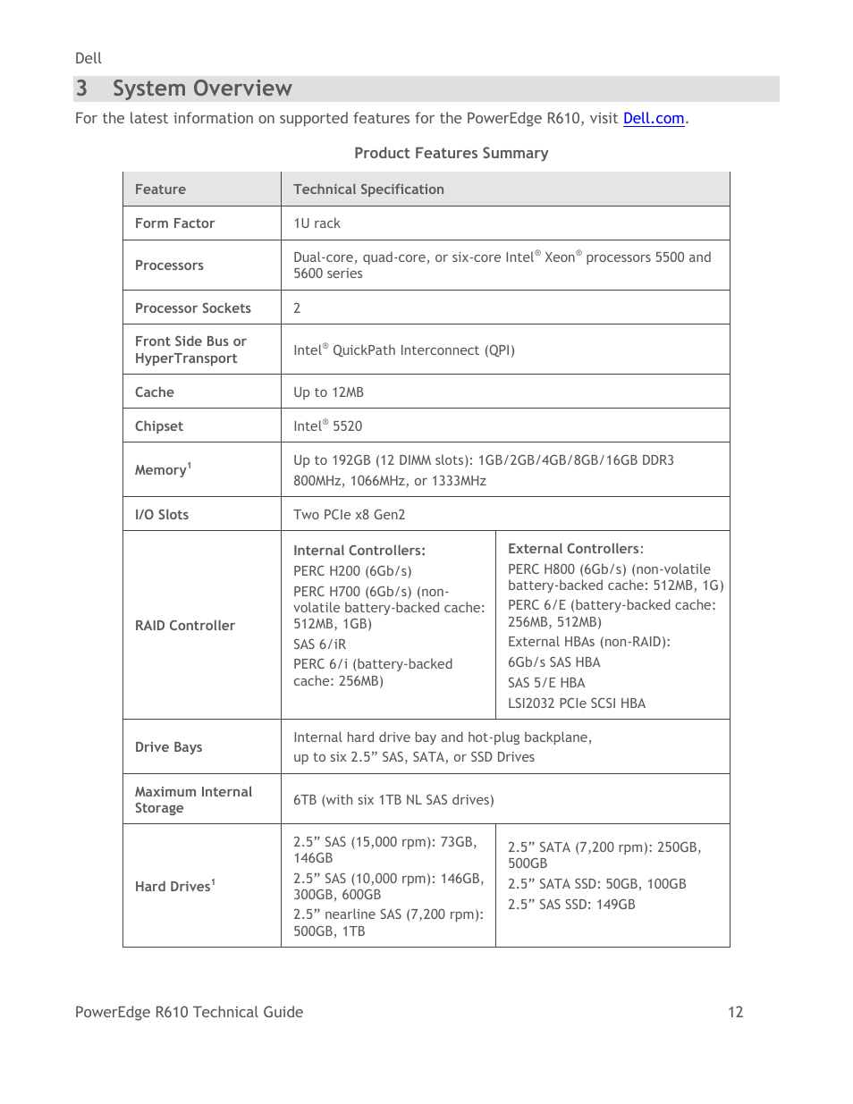 System overview, Table 2, Product features summary | 3 system overview | Dell POWEREDGE R610 User Manual | Page 12 / 61