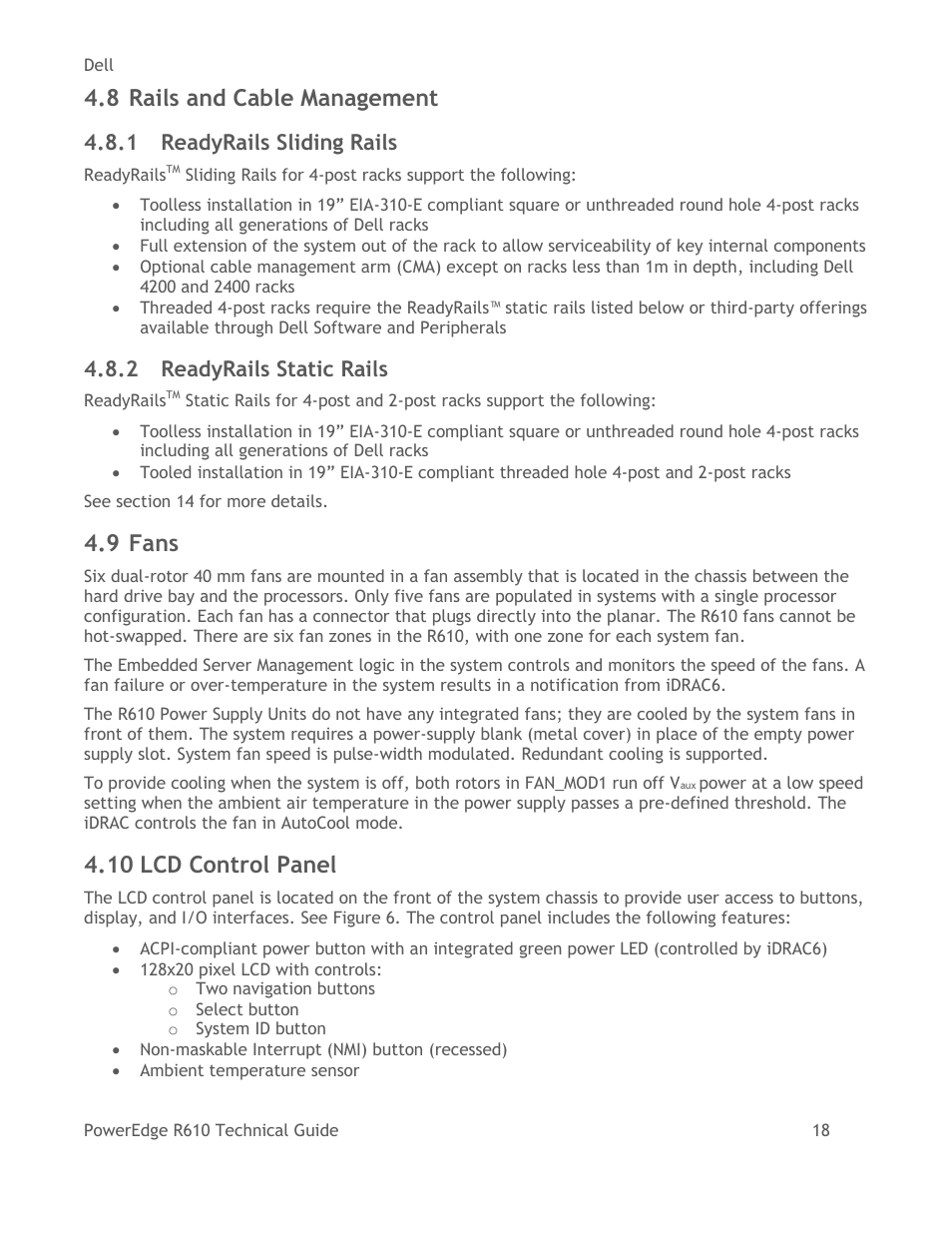 Rails and cable management, Readyrails sliding rails, Readyrails static rails | Fans, Lcd control panel, 8 rails and cable management, 9 fans, 10 lcd control panel, 1 readyrails sliding rails, 2 readyrails static rails | Dell POWEREDGE R610 User Manual | Page 18 / 61