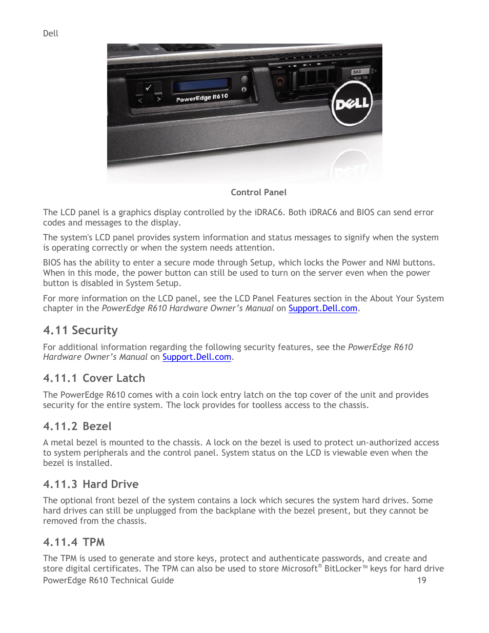 Security, Cover latch, Bezel | Hard drive, Figure 6, Control panel, 11 security, 1 cover latch, 2 bezel, 3 hard drive | Dell POWEREDGE R610 User Manual | Page 19 / 61