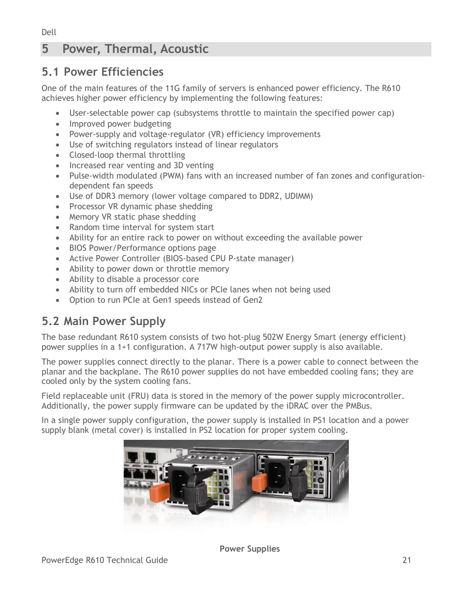 Power, thermal, acoustic, Power efficiencies, Main power supply | Figure 7, Power supplies, 5 power, thermal, acoustic, 1 power efficiencies, 2 main power supply | Dell POWEREDGE R610 User Manual | Page 21 / 61