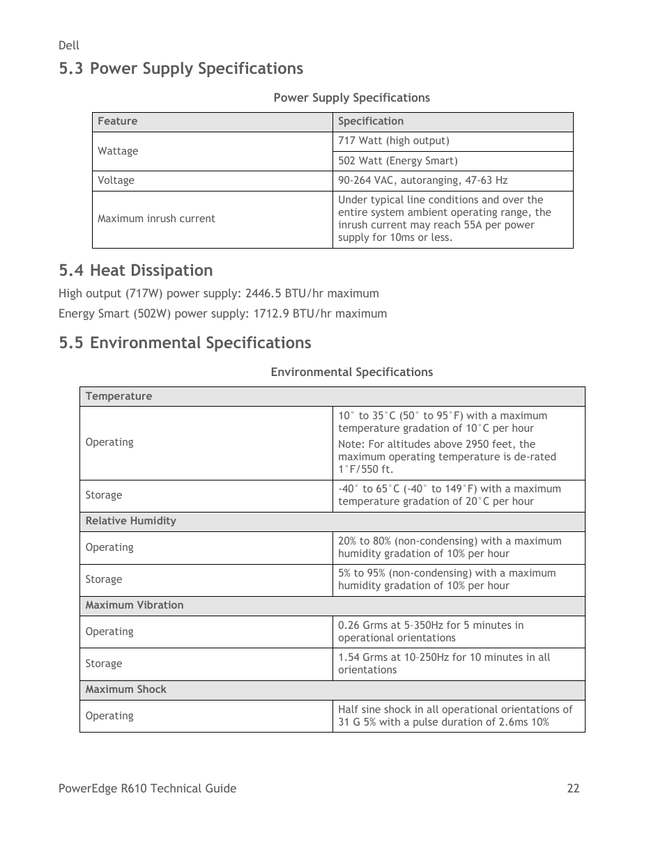 Power supply specifications, Heat dissipation, Environmental specifications | Table 4, Table 5, 3 power supply specifications, 4 heat dissipation, 5 environmental specifications | Dell POWEREDGE R610 User Manual | Page 22 / 61