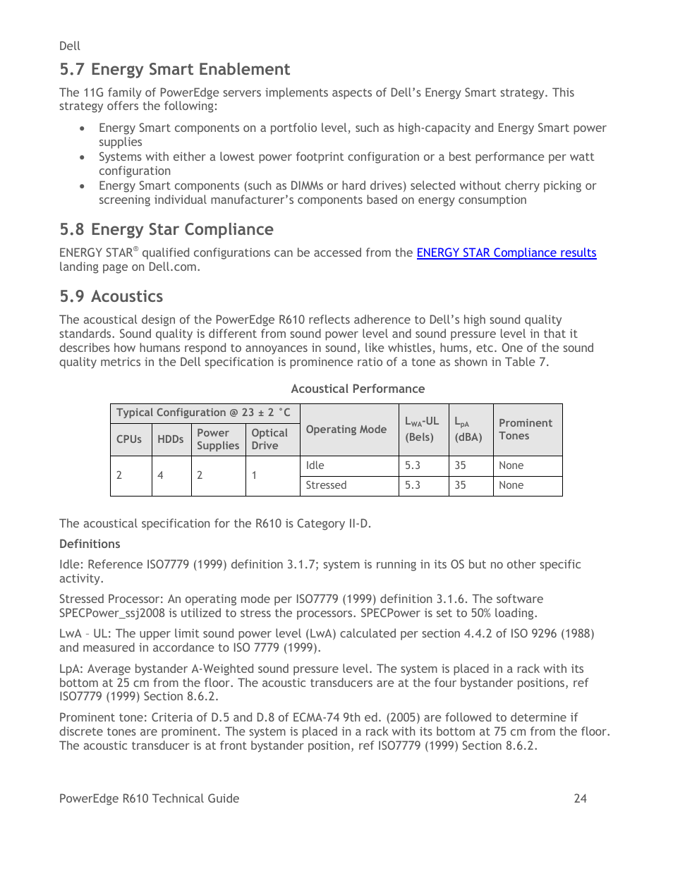 Energy smart enablement, Energy star compliance, Acoustics | Table 7, Acoustical performance, 7 energy smart enablement, 8 energy star compliance, 9 acoustics | Dell POWEREDGE R610 User Manual | Page 24 / 61