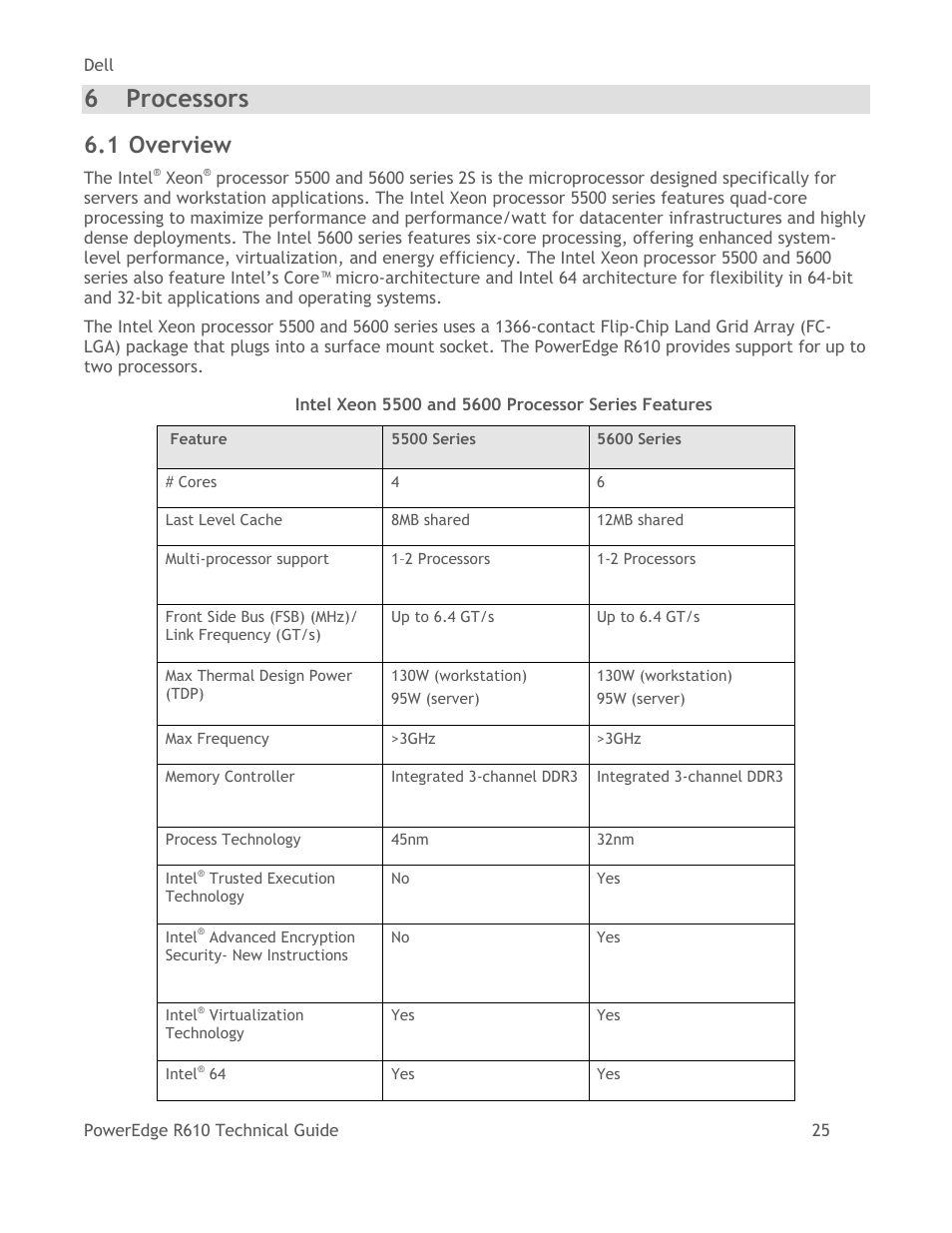 Processors, Overview, Table 8 | Intel xeon 5500 and 5600 processor series features, 6 processors, 1 overview | Dell POWEREDGE R610 User Manual | Page 25 / 61