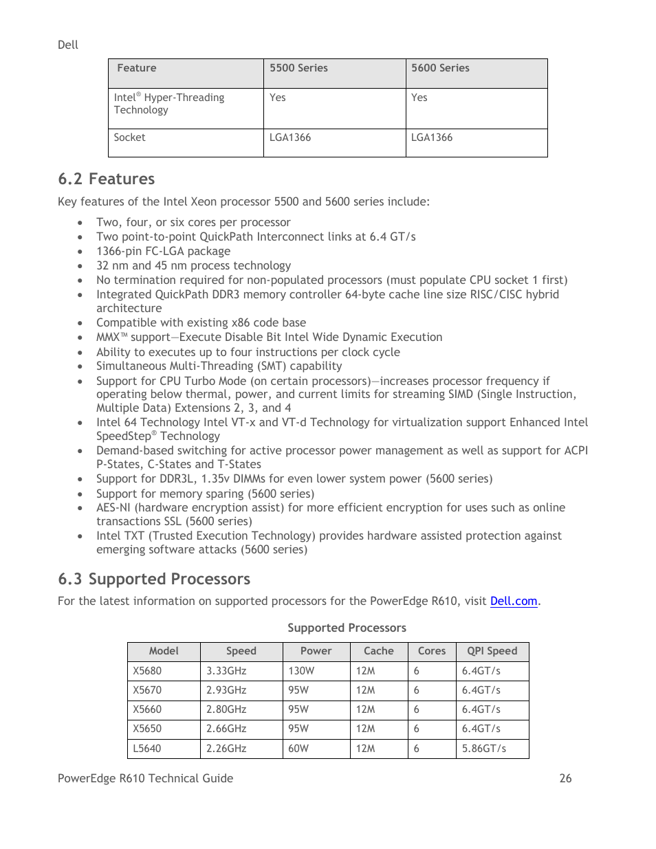 Features, Supported processors, Table 9 | 2 features, 3 supported processors | Dell POWEREDGE R610 User Manual | Page 26 / 61