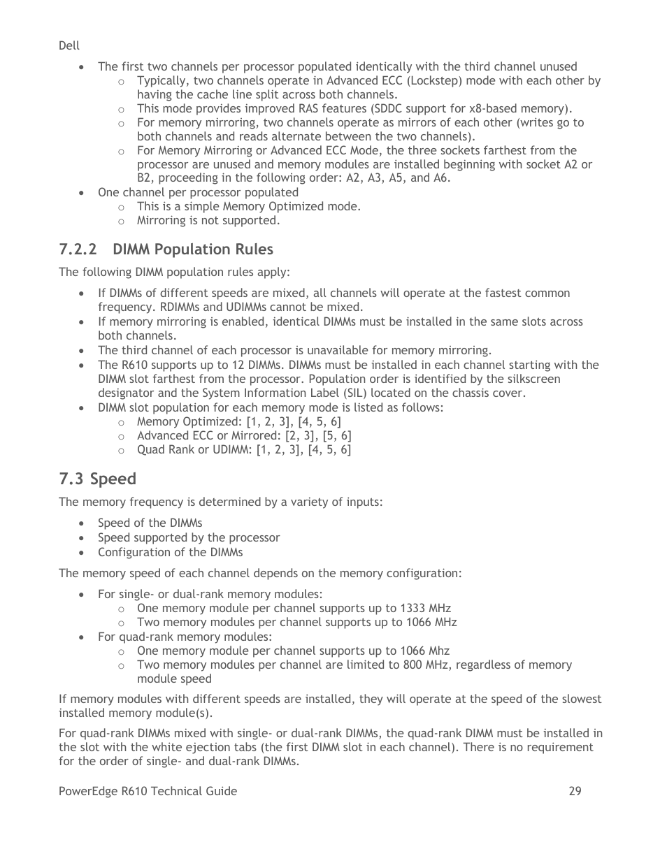 Dimm population rules, Speed, 3 speed | 2 dimm population rules | Dell POWEREDGE R610 User Manual | Page 29 / 61