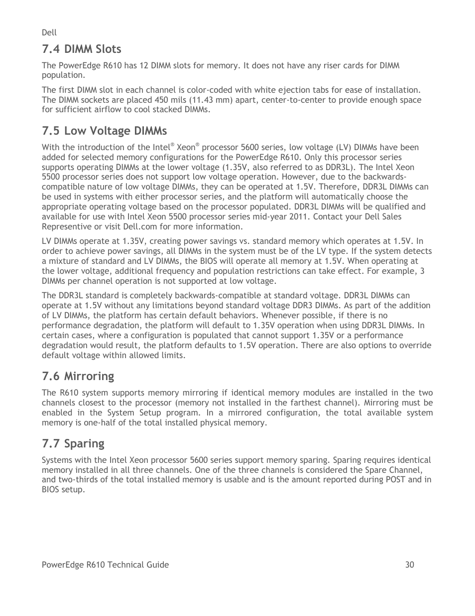 Dimm slots, Low voltage dimms, Mirroring | Sparing, 4 dimm slots, 5 low voltage dimms, 6 mirroring, 7 sparing | Dell POWEREDGE R610 User Manual | Page 30 / 61