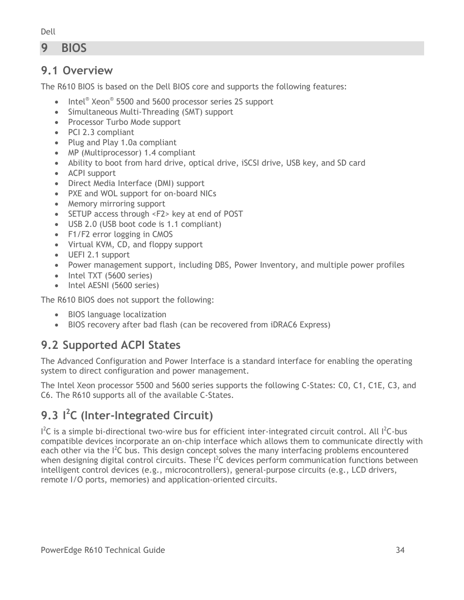 Bios, Overview, Supported acpi states | C (inter-integrated circuit), 9 bios, 1 overview, 2 supported acpi states | Dell POWEREDGE R610 User Manual | Page 34 / 61