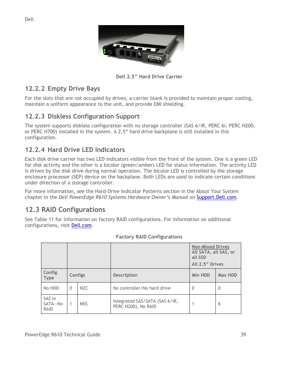 Empty drive bays, Diskless configuration support, Hard drive led indicators | Raid configurations, Table 11, Factory raid configurations, Figure 8, Dell 2.5‖ hard drive carrier, 3 raid configurations | Dell POWEREDGE R610 User Manual | Page 39 / 61