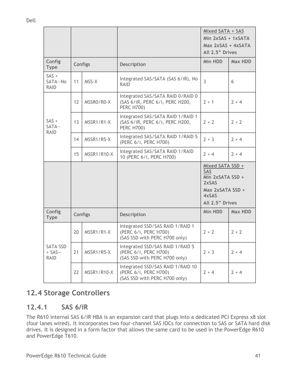 Storage controllers, Sas 6/ir, 4 storage controllers | Dell POWEREDGE R610 User Manual | Page 41 / 61