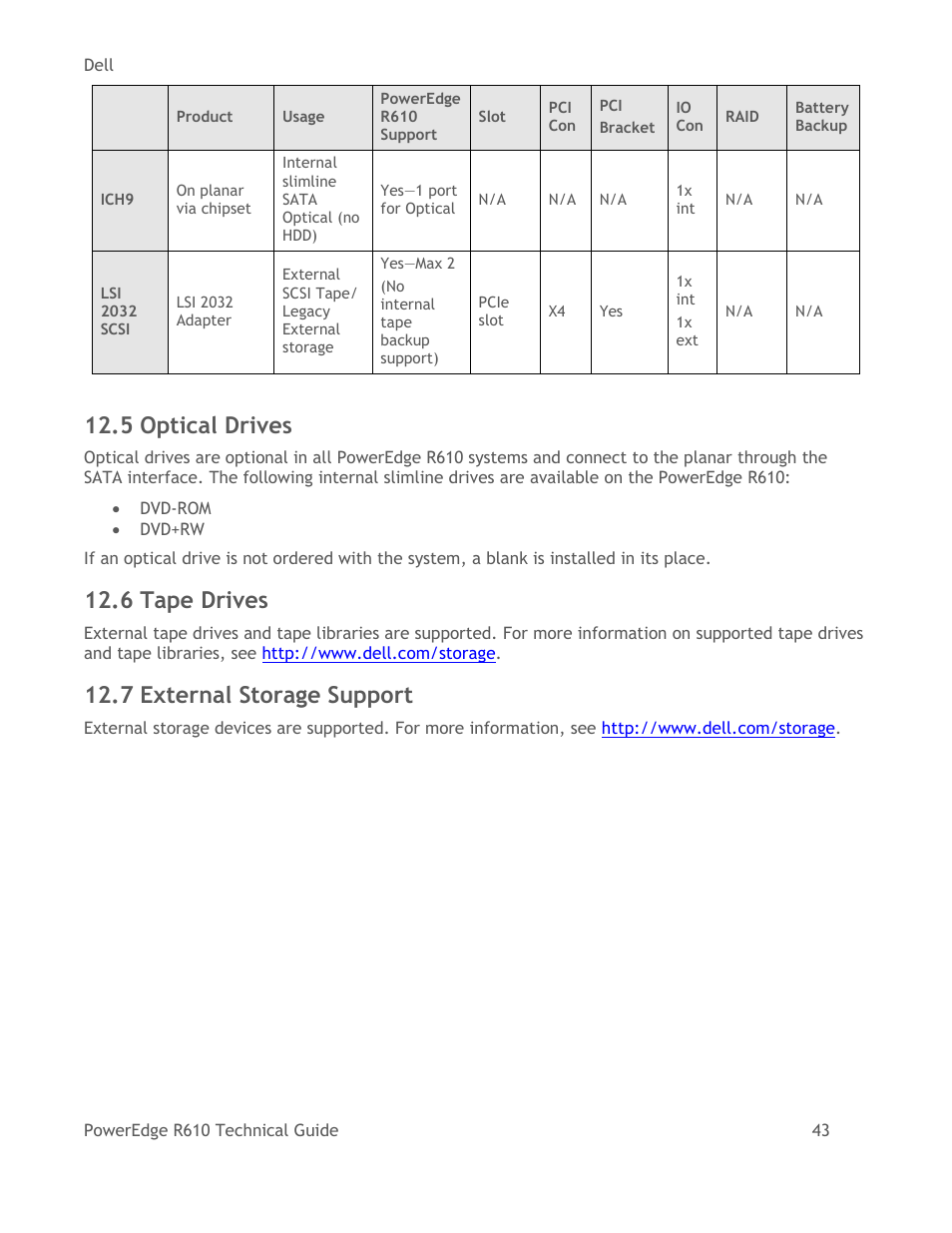 Optical drives, Tape drives, External storage support | 5 optical drives, 6 tape drives, 7 external storage support | Dell POWEREDGE R610 User Manual | Page 43 / 61