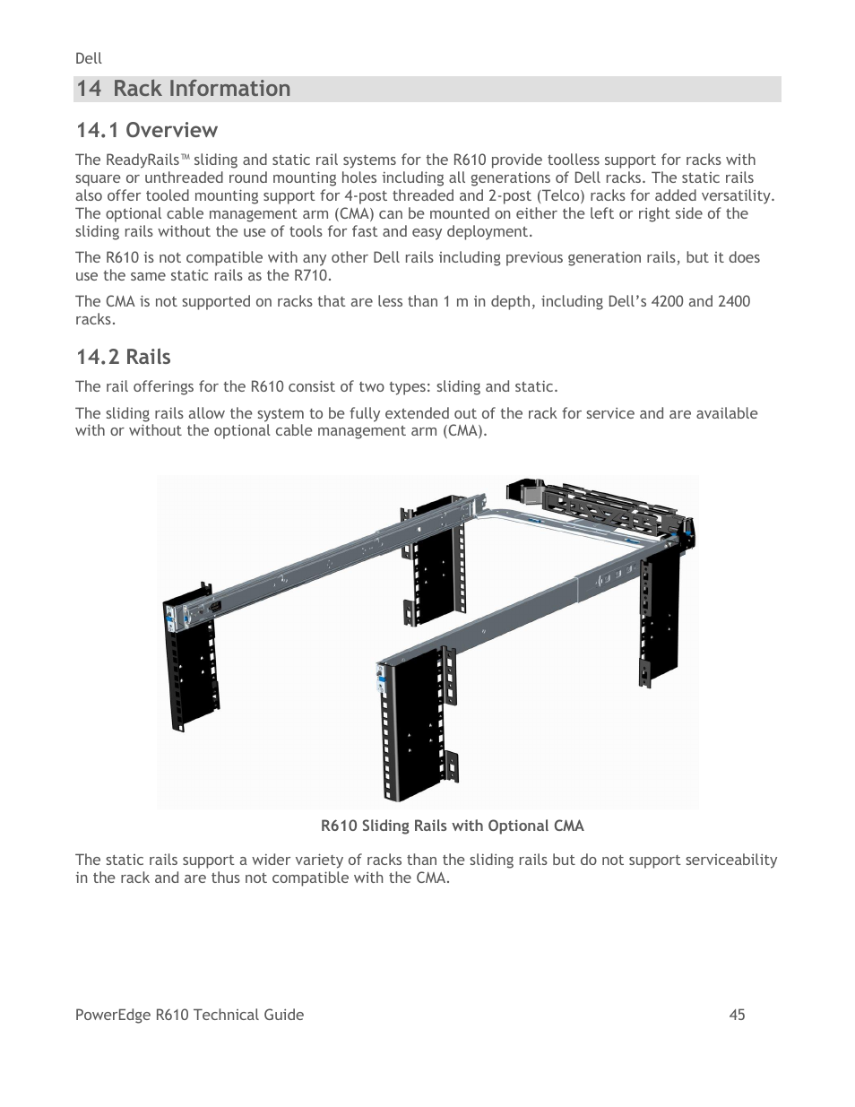 Rack information, Overview, Rails | Figure 9, R610 sliding rails with optional cma, 14 rack information, 1 overview, 2 rails | Dell POWEREDGE R610 User Manual | Page 45 / 61