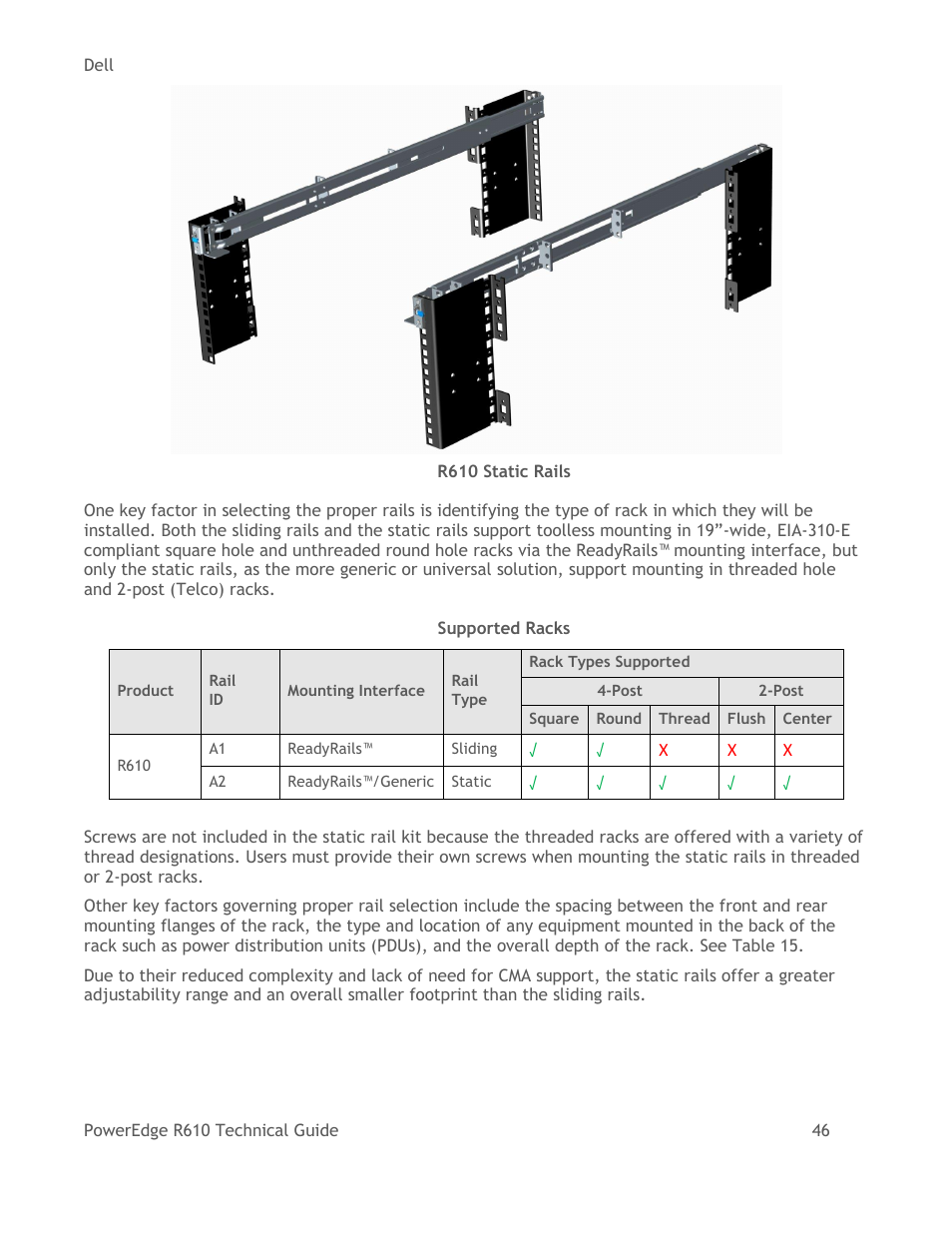 Table 14, Supported racks, Figure 10 | R610 static rails | Dell POWEREDGE R610 User Manual | Page 46 / 61