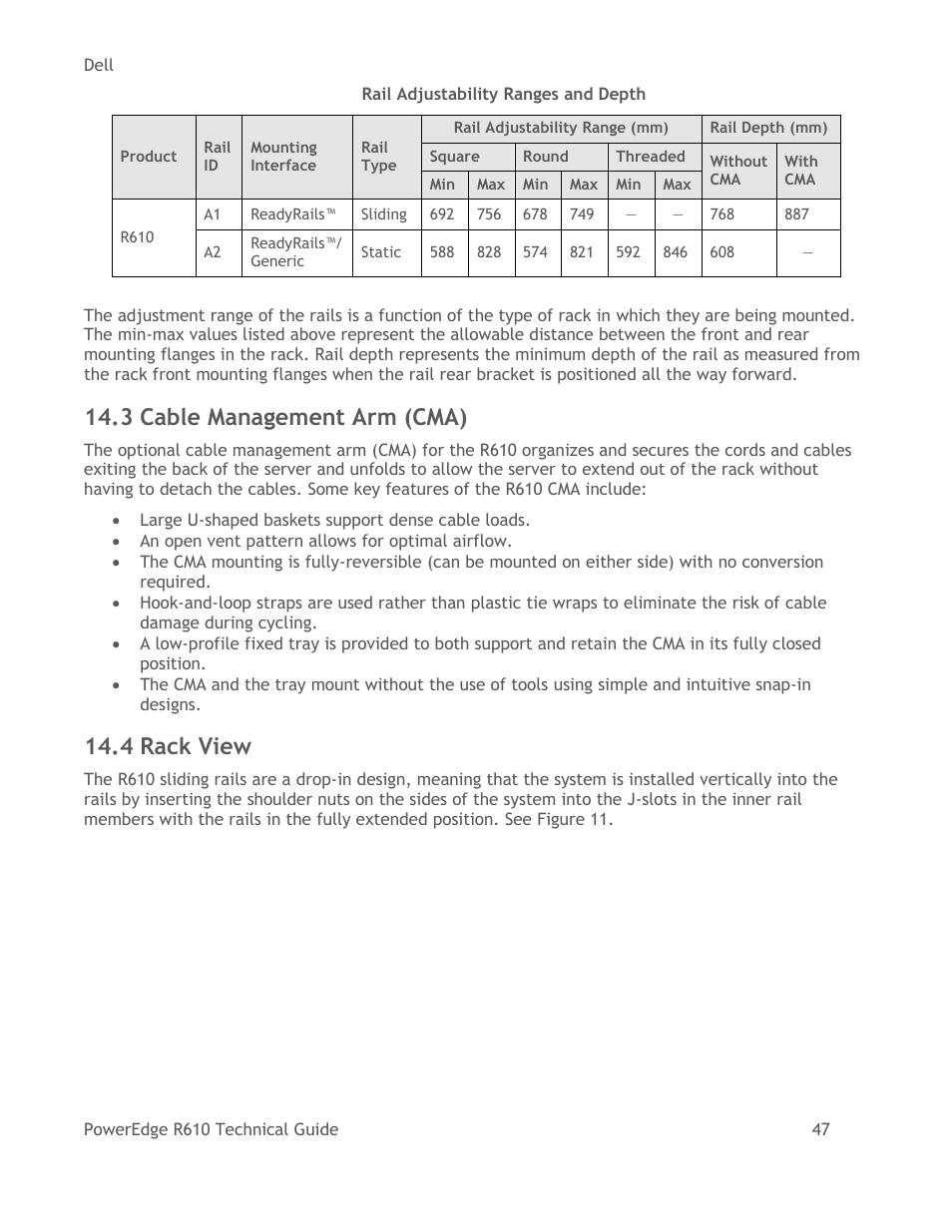 Cable management arm (cma), Rack view, Table 15 | Rail adjustability ranges and depth, 3 cable management arm (cma), 4 rack view | Dell POWEREDGE R610 User Manual | Page 47 / 61