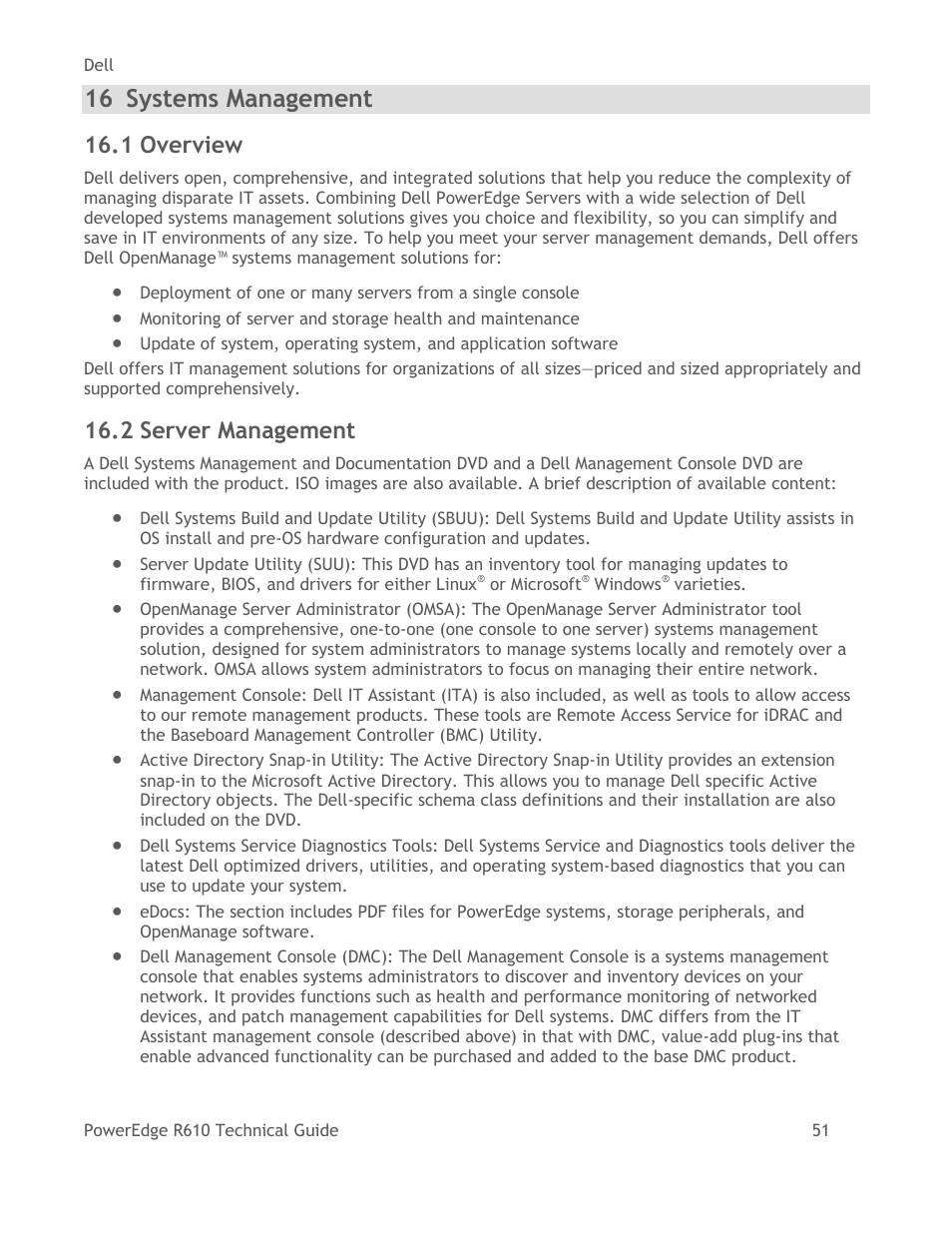 Systems management, Overview, Server management | 16 systems management, 1 overview, 2 server management | Dell POWEREDGE R610 User Manual | Page 51 / 61