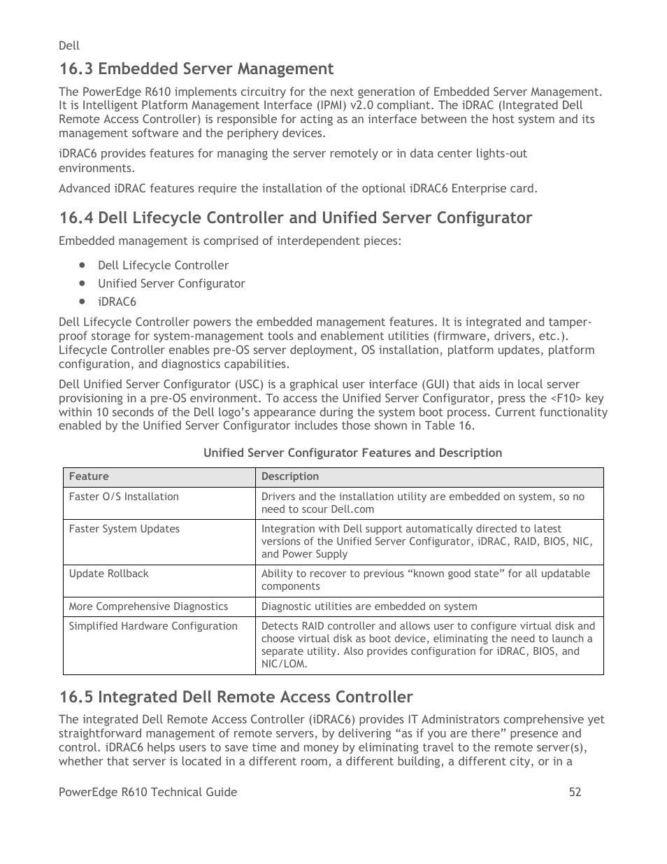 Embedded server management, Integrated dell remote access controller, Table 16 | 3 embedded server management, 5 integrated dell remote access controller | Dell POWEREDGE R610 User Manual | Page 52 / 61