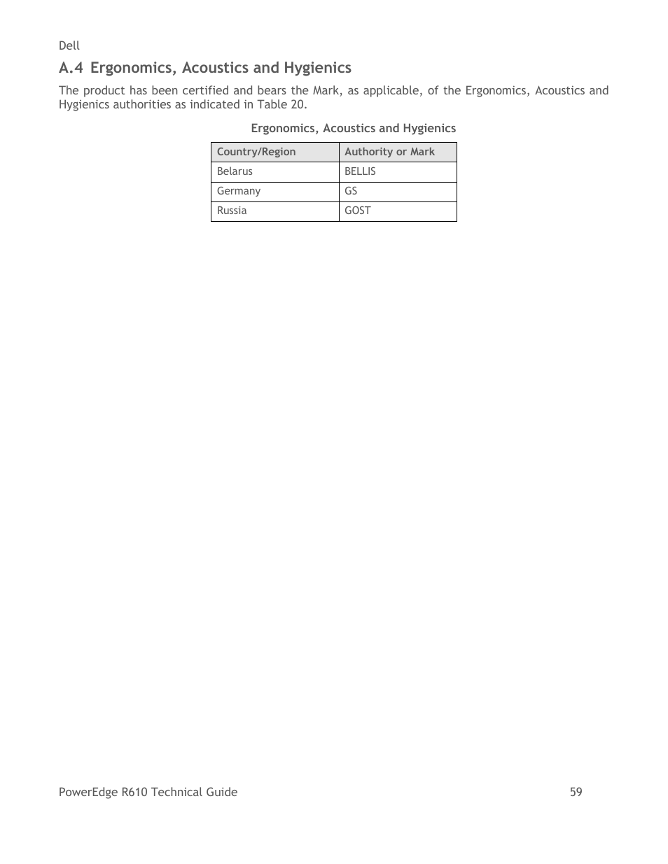 Ergonomics, acoustics and hygienics, Table 20, A.4 ergonomics, acoustics and hygienics | Dell POWEREDGE R610 User Manual | Page 59 / 61