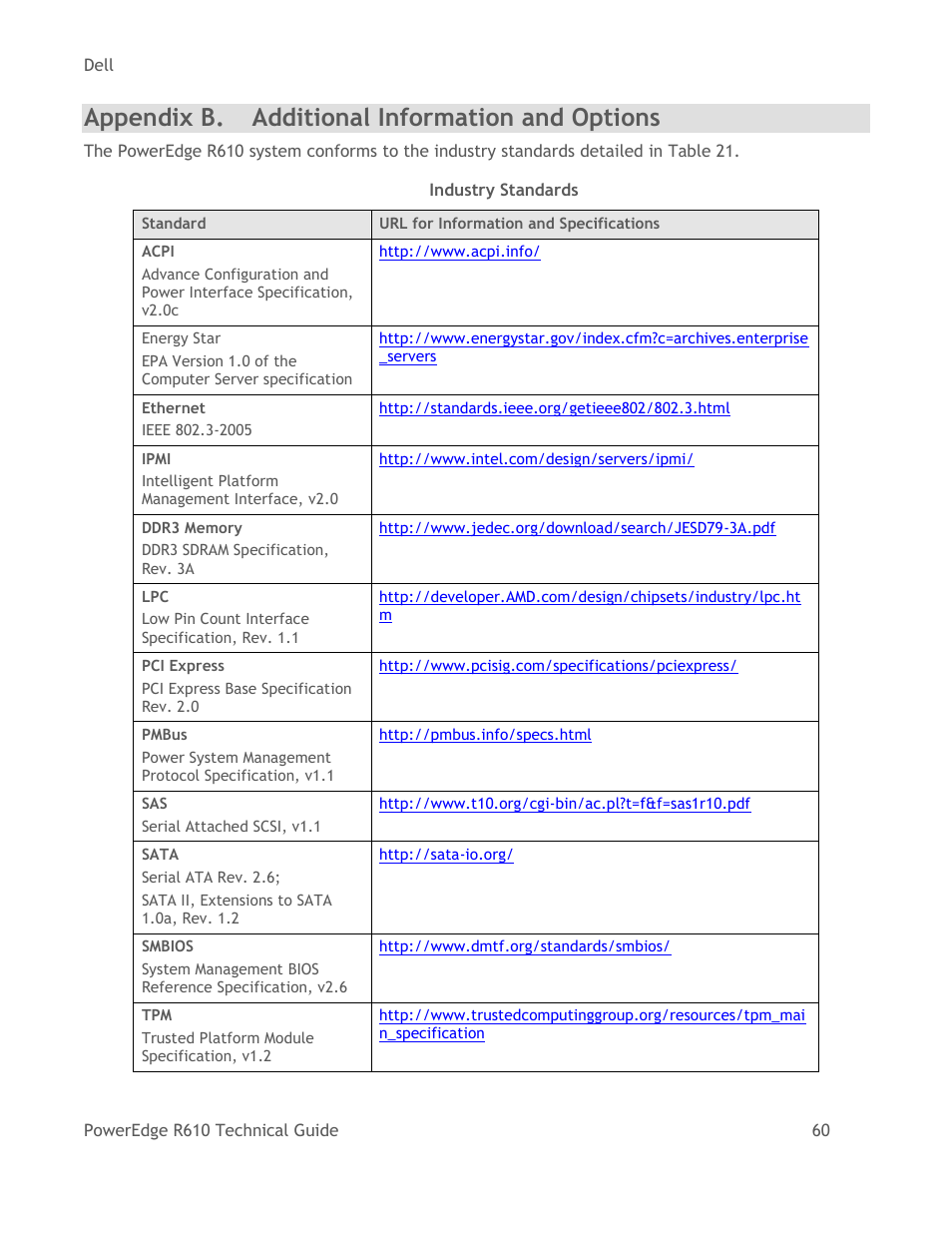 Appendix b, Additional information and options, Table 21 | Industry standards, Appendix b. additional information and options | Dell POWEREDGE R610 User Manual | Page 60 / 61