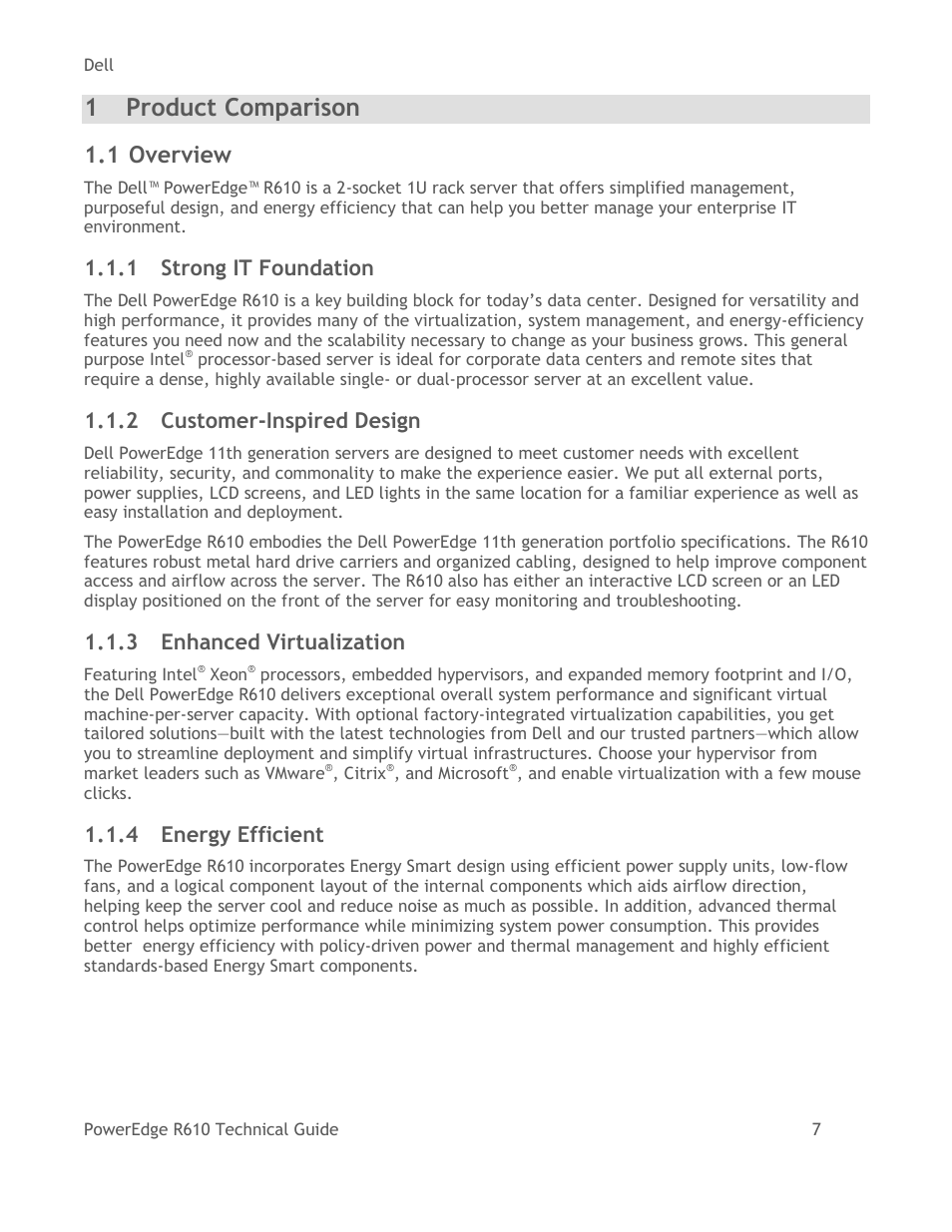 Product comparison, Overview, Strong it foundation | Customer-inspired design, Enhanced virtualization, Energy efficient, 1 product comparison, 1 overview, 1 strong it foundation, 2 customer-inspired design | Dell POWEREDGE R610 User Manual | Page 7 / 61