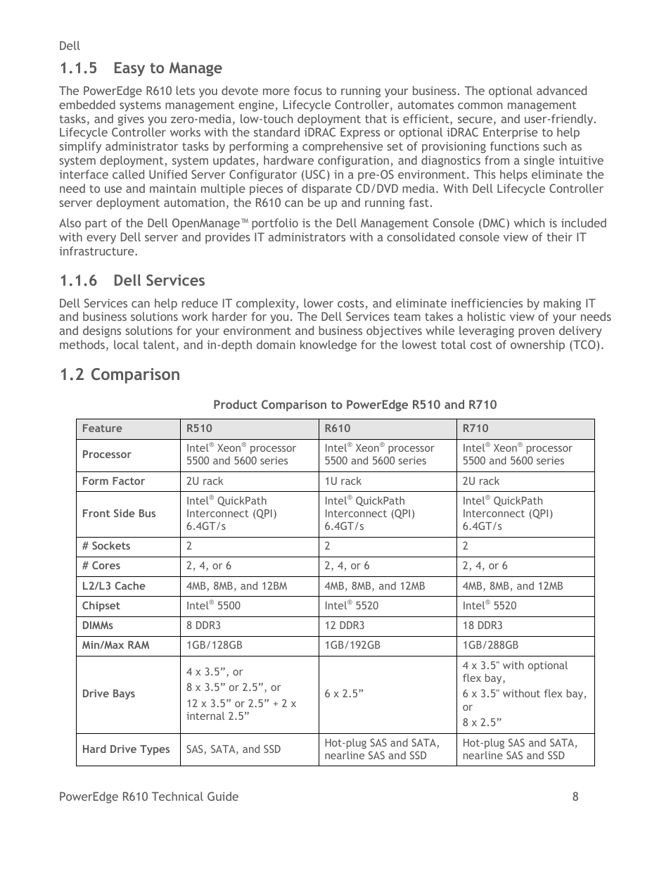 Easy to manage, Dell services, Comparison | Table 1, Product comparison to poweredge r510 and r710, 2 comparison, 5 easy to manage, 6 dell services | Dell POWEREDGE R610 User Manual | Page 8 / 61